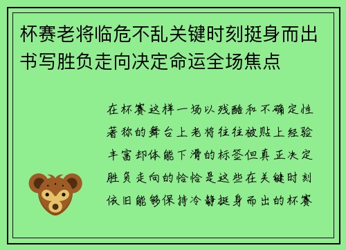 杯赛老将临危不乱关键时刻挺身而出书写胜负走向决定命运全场焦点 杯赛老将临危不乱关键时刻挺身而出书写胜负走向决定命运全场焦点