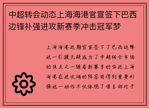 中超转会动态上海海港官宣签下巴西边锋补强进攻新赛季冲击冠军梦 中超转会动态上海海港官宣签下巴西边锋补强进攻新赛季冲击冠军梦