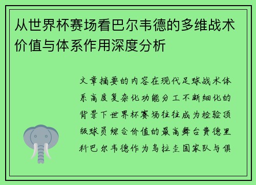从世界杯赛场看巴尔韦德的多维战术价值与体系作用深度分析 从世界杯赛场看巴尔韦德的多维战术价值与体系作用深度分析
