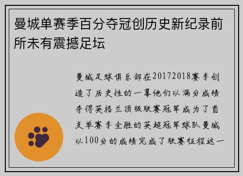 曼城单赛季百分夺冠创历史新纪录前所未有震撼足坛 曼城单赛季百分夺冠创历史新纪录前所未有震撼足坛