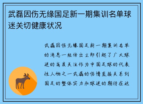 武磊因伤无缘国足新一期集训名单球迷关切健康状况